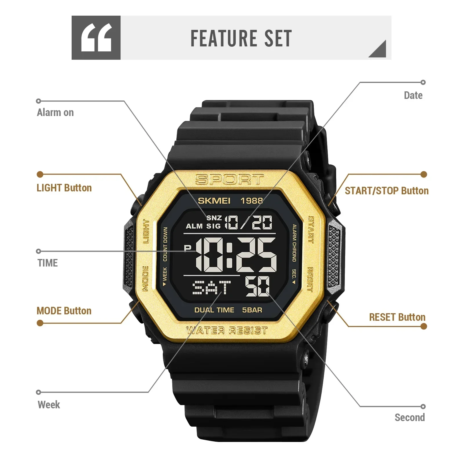 Skmei 5Bar Waterproof Alarm Clock Reloj Hombre Back Light Digital Sport Watches 1988 Mens Military Countdown Chrono Wristwatch