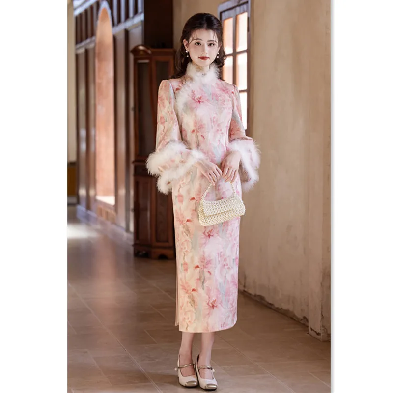 

Yourqipao, современный китайский стиль, утолщенный и бархатный Cheongsam с длинными перевернутыми большими рукавами, новинка зимы 2021, повседневное Ципао