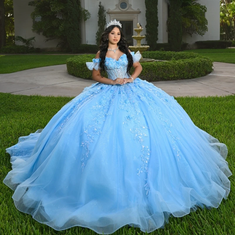 

Sky Blue Shiny Quinceanera Dresses Off The Shoulder Applique Lace Beading Crystal Bow Tull Party Birthday Sweet 16 Dress Vestido