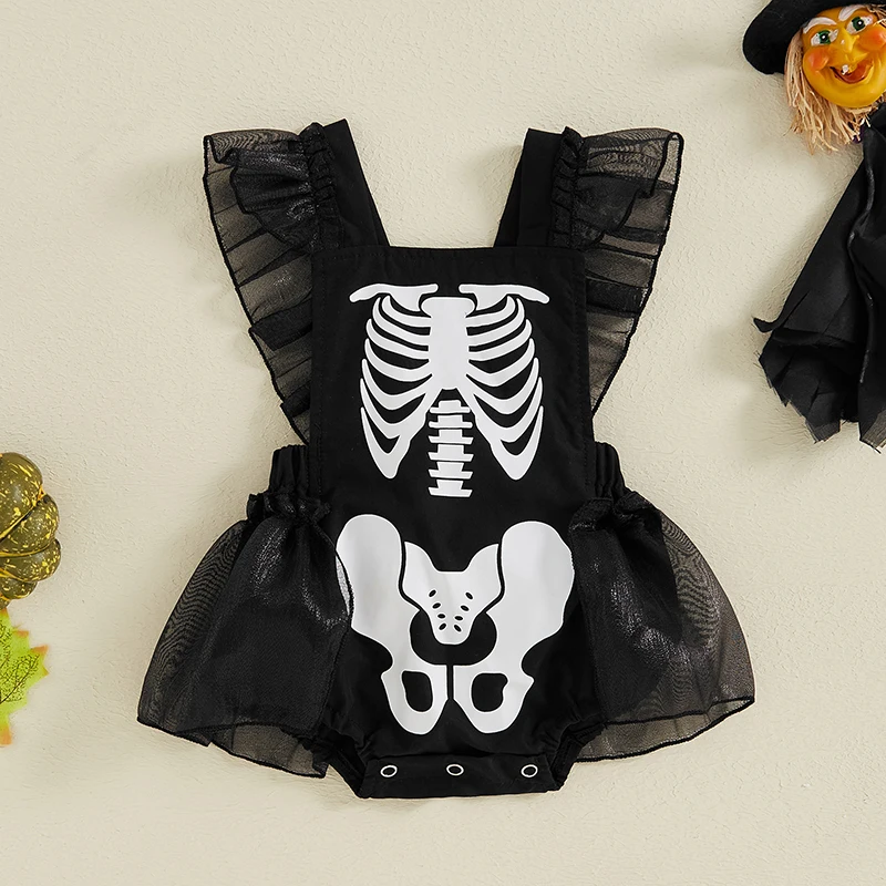 Roupa de Halloween infantil do bebê, Vestido Romper Esqueleto, Lace Fly Sleeve Tutu Dress, Roupas Bodysuit