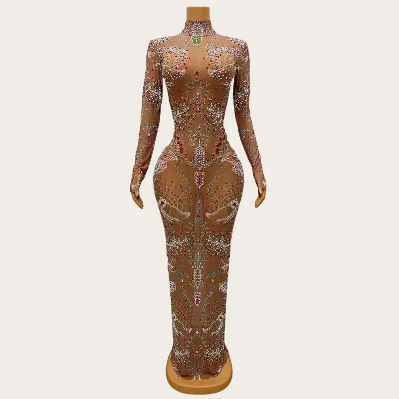 

Sexy Women Sparkly Rhinestone Spandex Couture Event Luxury Tight Fitting Evening Gown Celebrate Party Prom Long Dresses Xianhua