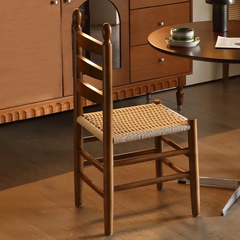 

Solid Wood Rope Woven Bar Chairs Household Homestay Japanese Style Backrest Makeup Desk Retro Taburete Salon Furniture