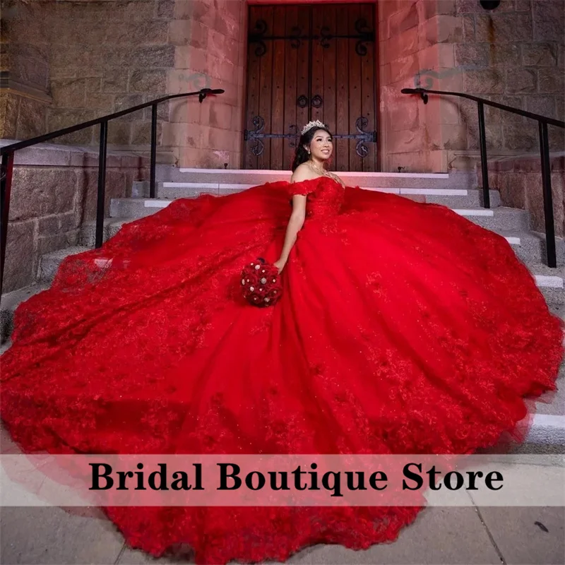 Vestidos Princesa Quinceanera com apliques florais, vestido de baile com miçangas e cristais, flores vermelhas, festa de formatura e casamento, 15 anos, luxo