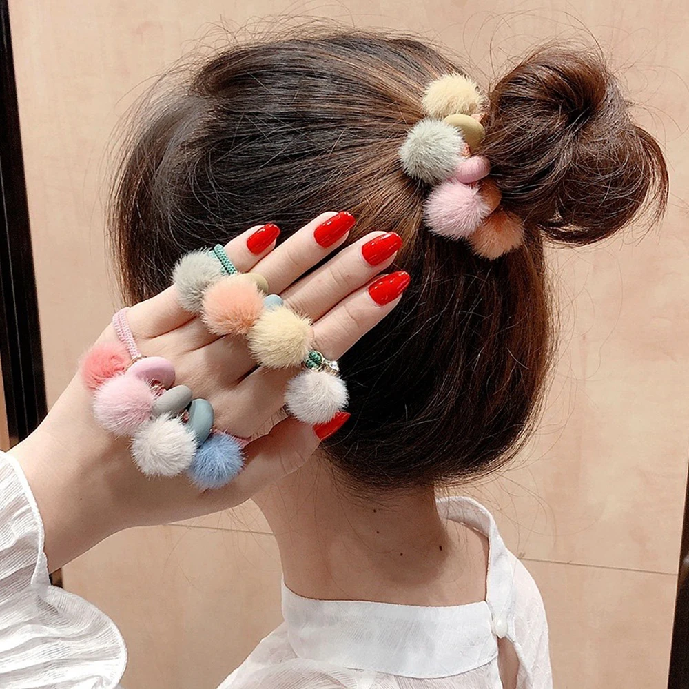 Colorful Pom Pom Balls Hair Ties Kids Girls Cute Elastic Beaded Hair Rope Children Ponytail Holder Rubber Band Headwear