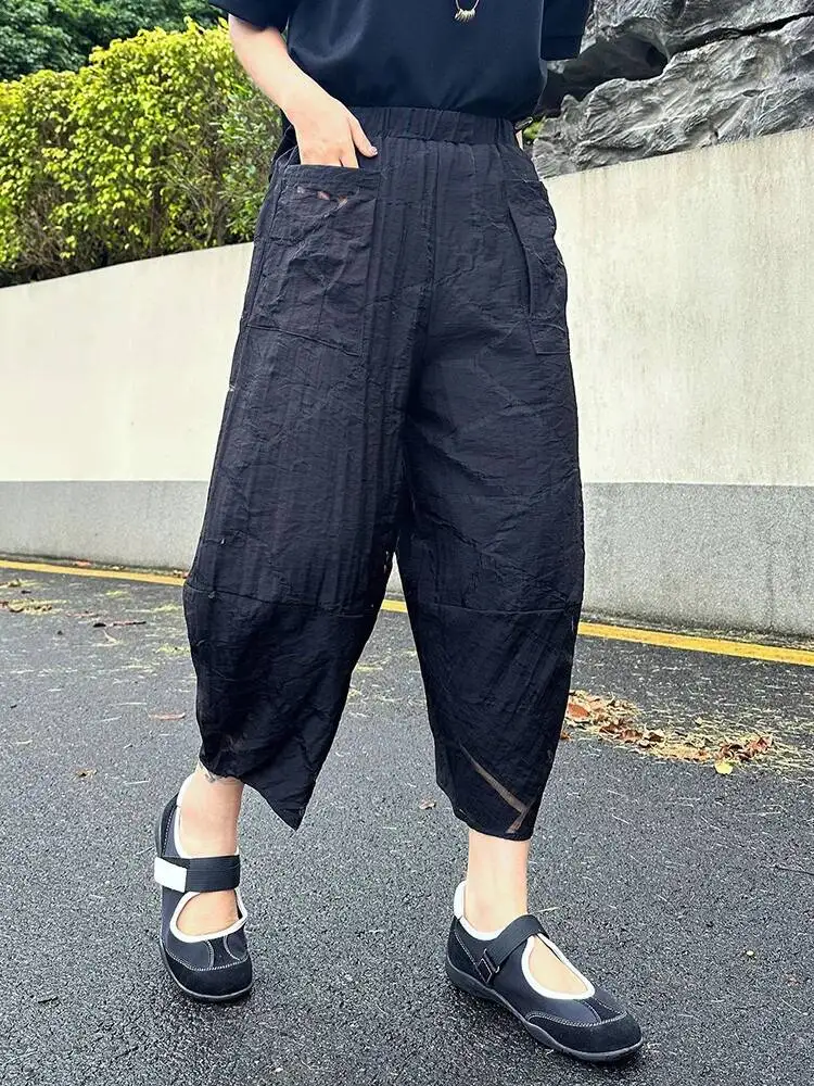 

High Elastic Waist Black Hollow Out Perspective Calf-Length Pants New Trousers Women Fashion Spring Summer