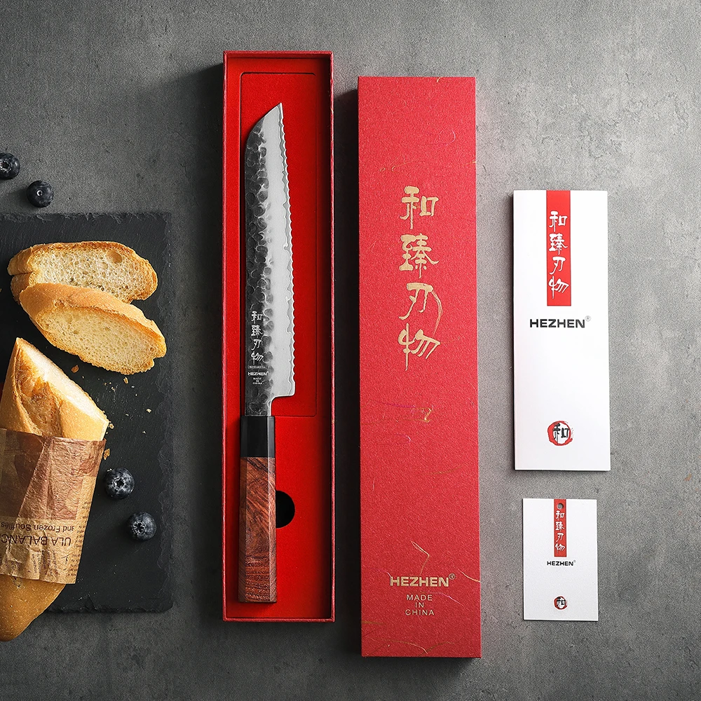 HEZHEN Retro Series 8.5 Bread Knife Three-layer Composite Steel Stainless Steel Red Wood Handle Kitchen Cooking Knives