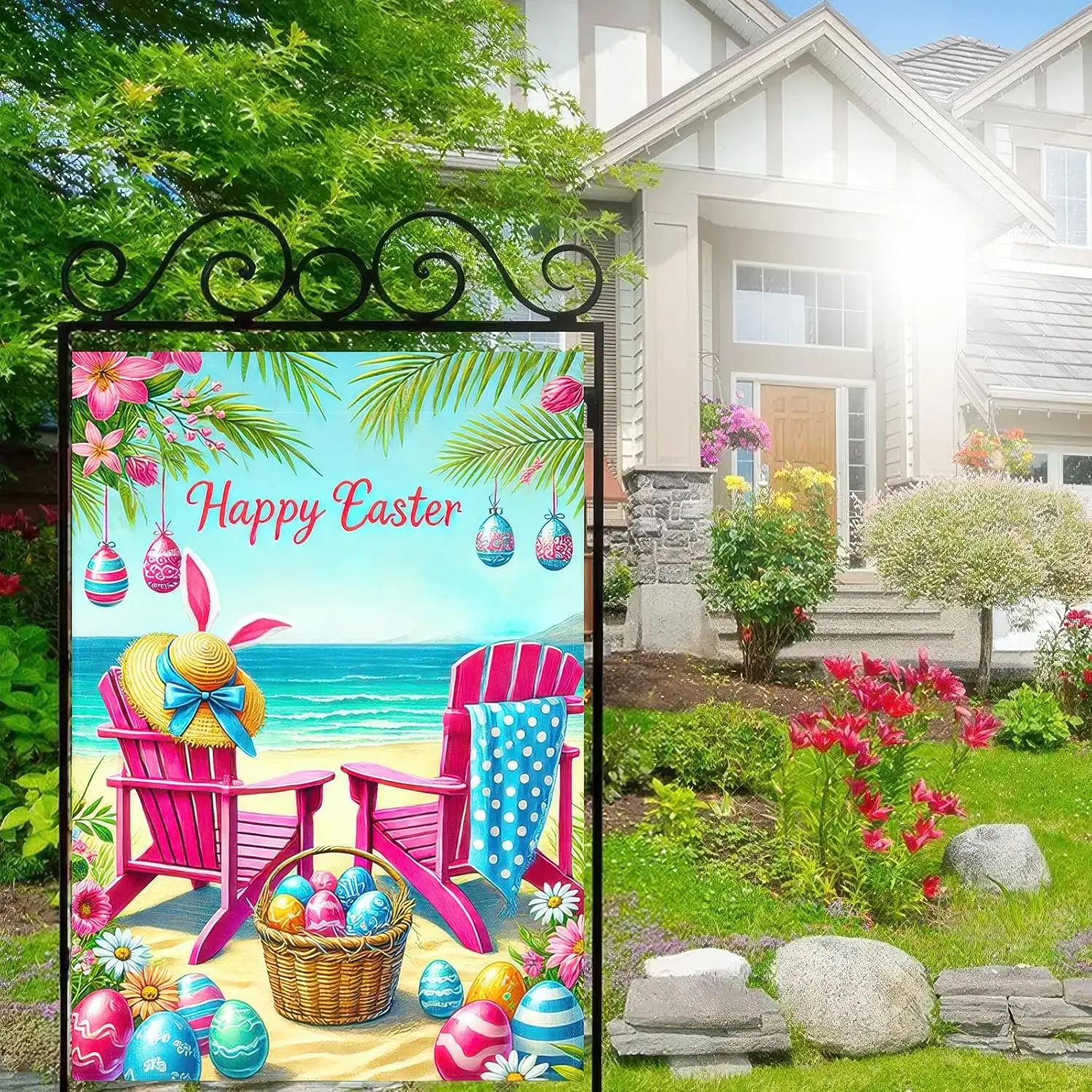 Happy Easter Garden Flag 12 x 18 Double Sided Sea Pink Chair Garden Flag Eggs Coastal Beach Yard Outdoor Decor Spring Nautic EEZ