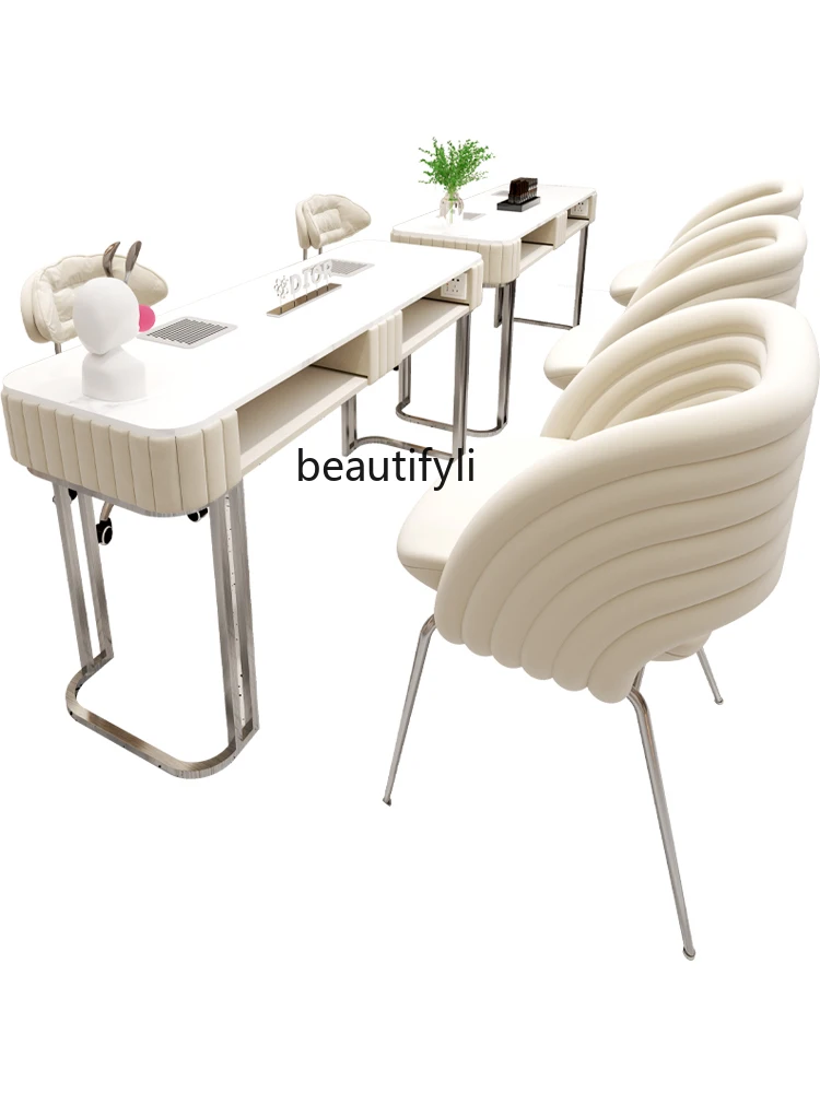 Cream Style Stainless Steel Nail Table and Chair Suit Embedded New Vacuum Cleaner Non-Leaking Gray Nail Table office furniture