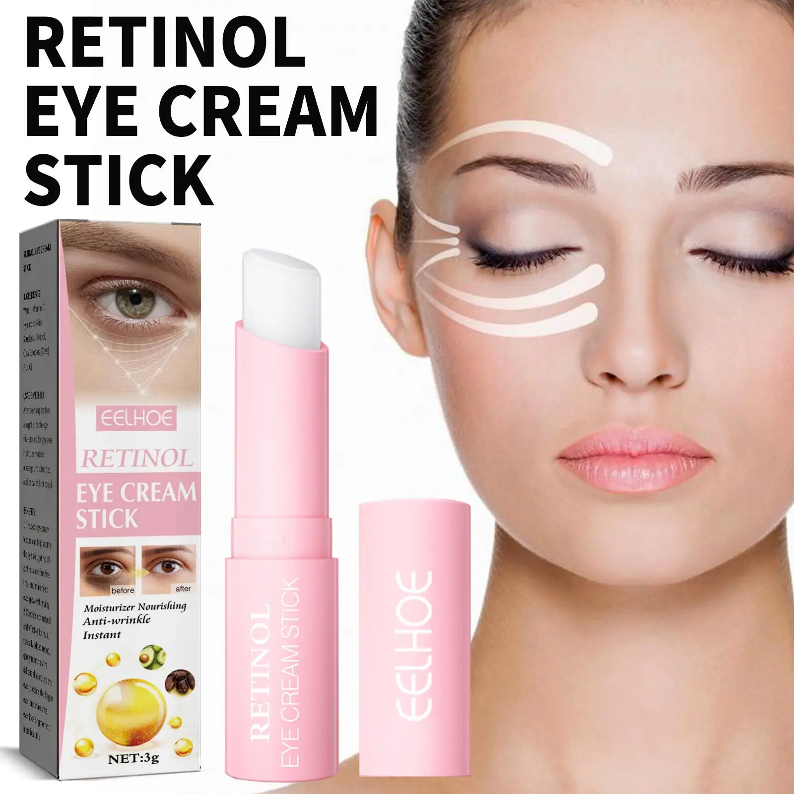 Instant Retinol Wrinkle Eye Cream, Anti bolsas nos olhos, Círculos escuros hidratantes, Reduzir Lightening, Linha Fina Stick