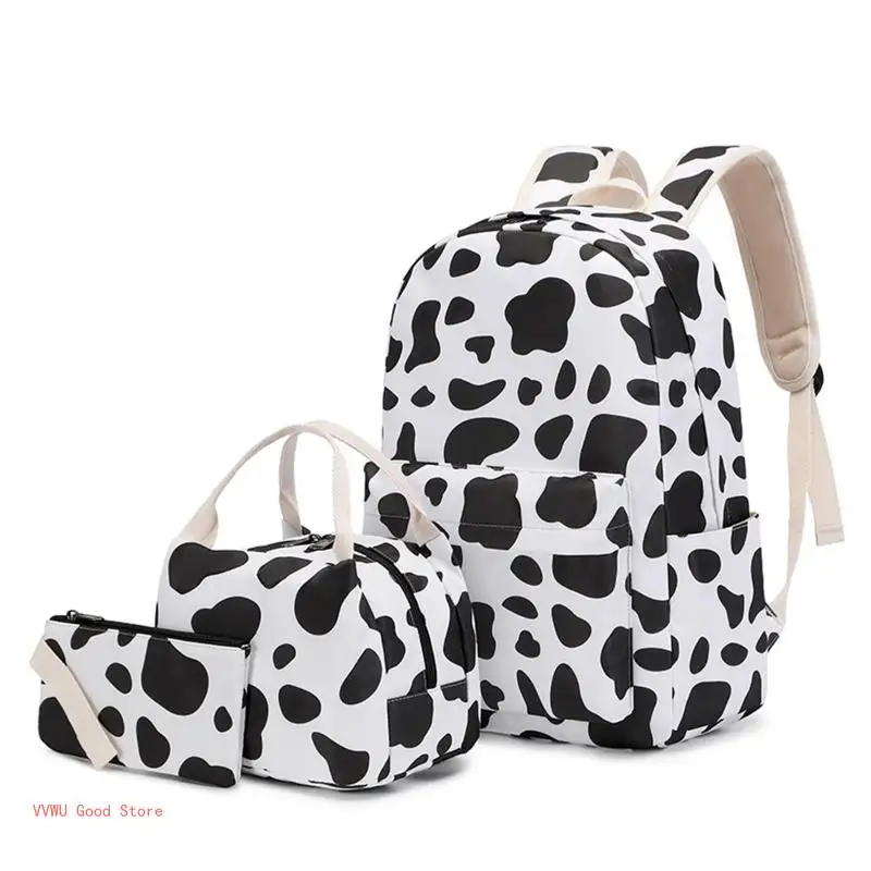 

Cow Print School Backpack with Lunch Tote Pencil Bag Multi Pocket Schoolbag Student Daypack Book Bags for Teen Girl