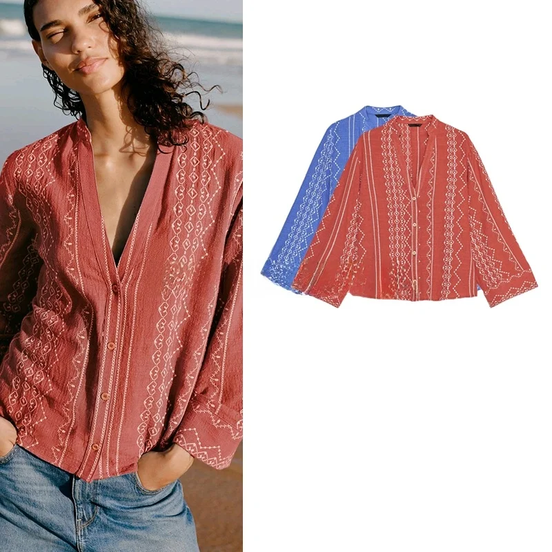 

Spring New Casual Sle Women's irt V-ne Long Sve Embroidery Decorated Button Loose Fit Pure Color Polyester Fiber