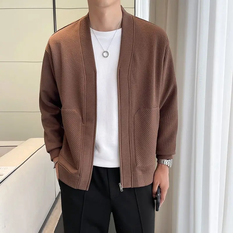 Casual V-Neck Korean Coats Fashion Zipper Men's Clothing Solid Color Basic Spring Autumn Pockets Spliced Long Sleeve Jackets