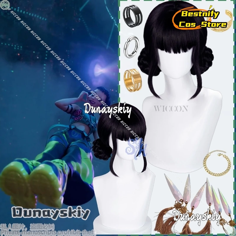 

Anime Kpop Demon Korea Girl Group Cosplay Zoey Black Wig Idol Jirai Kei Girls Props Earring Rings Halloween Party Disguise Prop