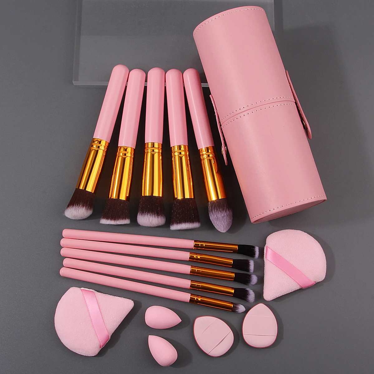 10 Make-up-Pinsel + 2 Mini-Beauty-Eier + 4 dreieckige/Daumen-Puderquasten + Aufbewahrungseimer – ein komplettes Set täglicher Make-up-Werkzeuge