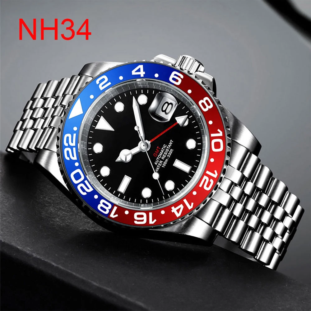 40mm NH34 GMT Orologi meccanici da uomo LOGO personalizzato 10ATM Lunetta in ceramica impermeabile Vetro zaffiro Orologio da uomo automatico da lavoro
