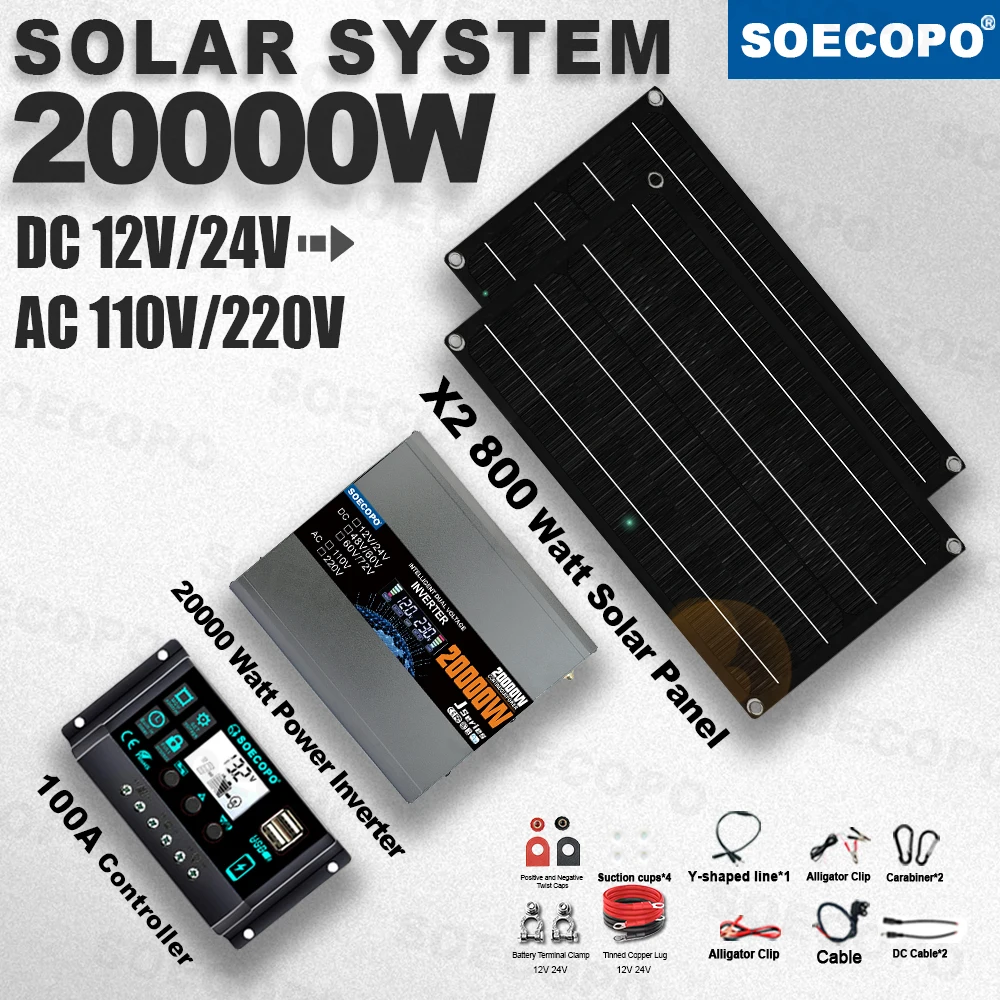 High Efficiency Durable 20000W off grid Solar kit 2×800W Panels 100A Controller 110V 220V Inverter for Car Tent Earphone Caravan
