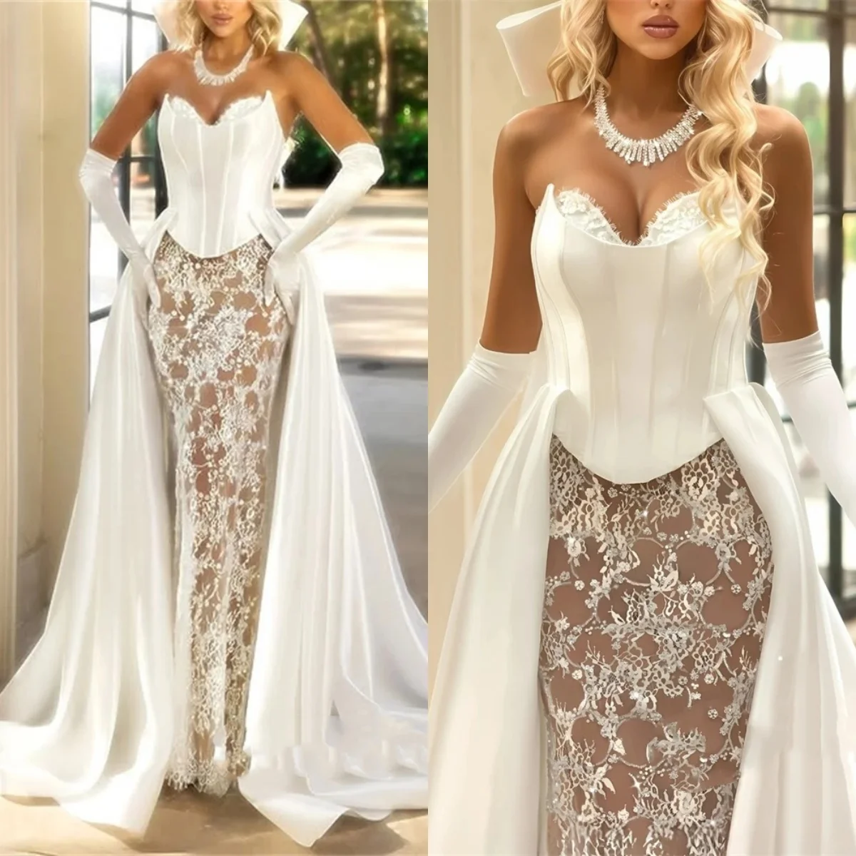 

Elegant Mermaid Wedding Dress Sheer Neck Sleeveless Bridal Gowns Lace See Through Detachable Train Dresses Custom Made vestidos