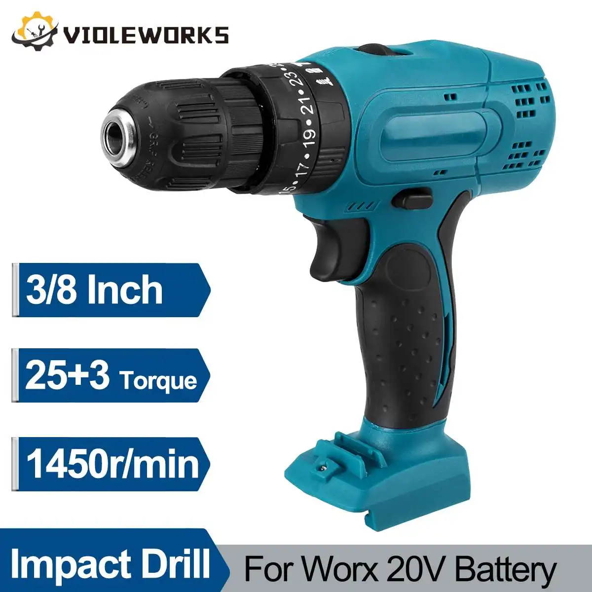 

25+3 Torque Cordless Impact Drill Rechargeable Electric Drill 1450rpm Dual Speed Drill Screwdriver for Worx 20V Battery