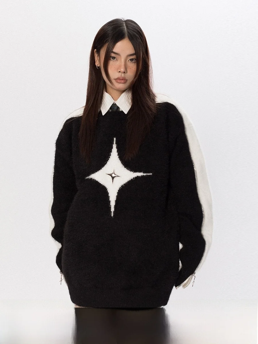 

Street Sle Color Blo Metal Decor Zipper oulder Bared Camere Sweater Warm Faionable Women's Long Sve round Ne Top