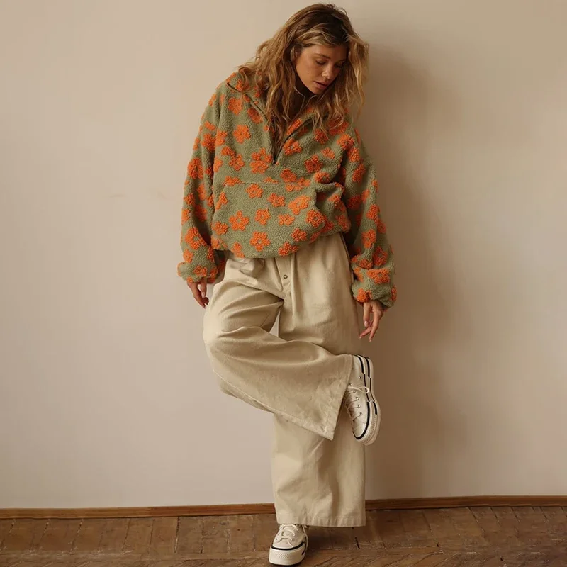 Fleece Flower Sweatshirt For Women 2025 Autumn Winter New Fashion Hoodies Warm Fur Top Zipper Pullovers Casual Outwear