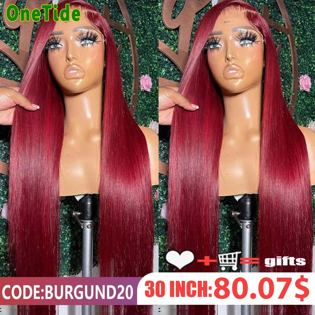 Borgonha HD Lace Frontal peruca de cabelo humano para mulheres, perucas vermelhas retas, pré arrancadas, peruca colorida, 99J, 13x4, 13x6