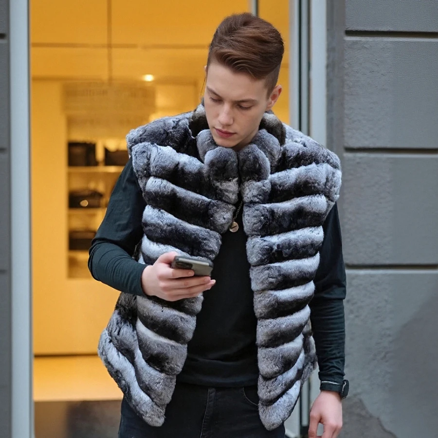 

Real Chinchilla Rex Rabbit Fur Vests Natural Fur Vests For Mens New Rabbit Fur Waistcoats