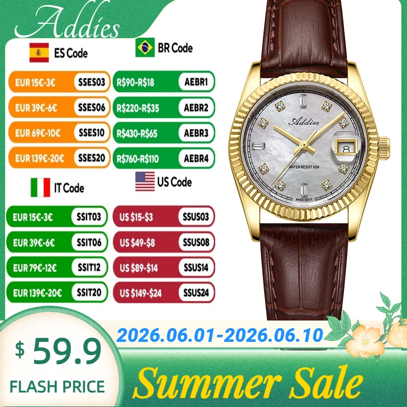 

Addies Sapphire Glass Mother of Pearl Dial Wristwatch Elegant Czech rhinestones Women's Quartz Watch 316L Stainless Steel Watch