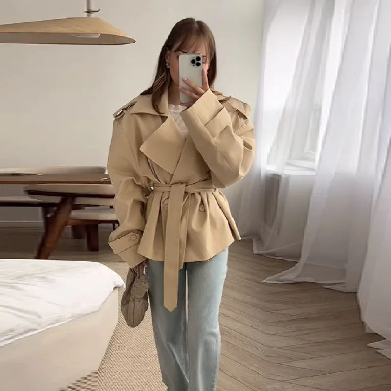 Abrigos largos de estilo vintage con cordones, de la marca Siren Chic, en color kaki, con cuello abatible, mangas largas, chaquetas informales para el otoño, ropa de calle para mujer.