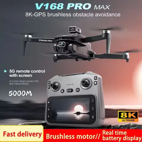 New V168 MAX LCD Screen RC FPV Drone 8K HD Camera 5G WIFI 360° Obstacle Avoidance GPS Drone Brushless RC Quadcopter Toys Dron