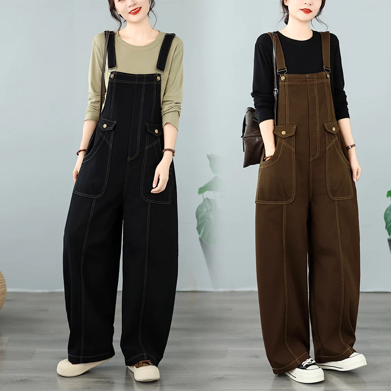 Casual Loose Fit Denim Overalls with Big Pockets Knife  Strap Long Pants  Color plus Size Women's Fashion Design