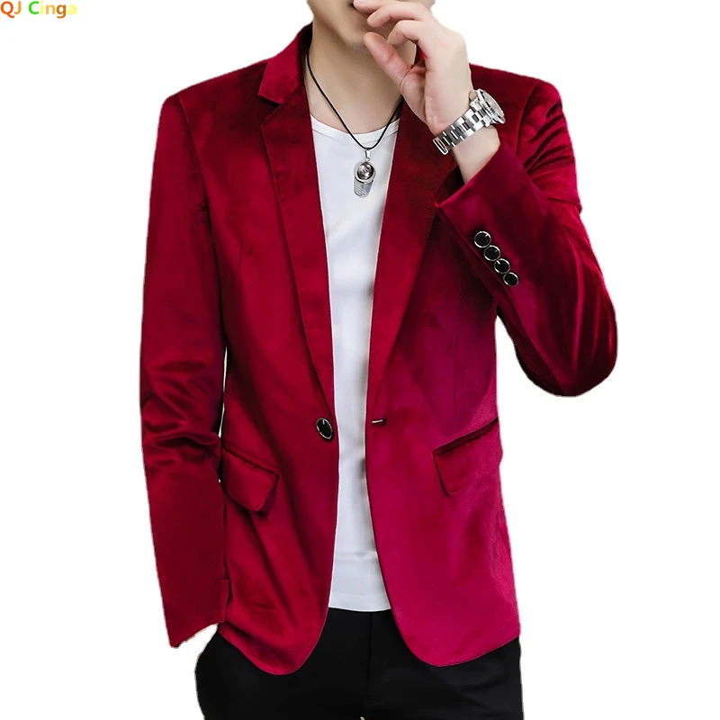 Red Slim Suit Jacket Men\'s Long Sleeve Single Button Dress Coat 2024 Spring New Teenagers Blazers Blue Green Black Male Tops