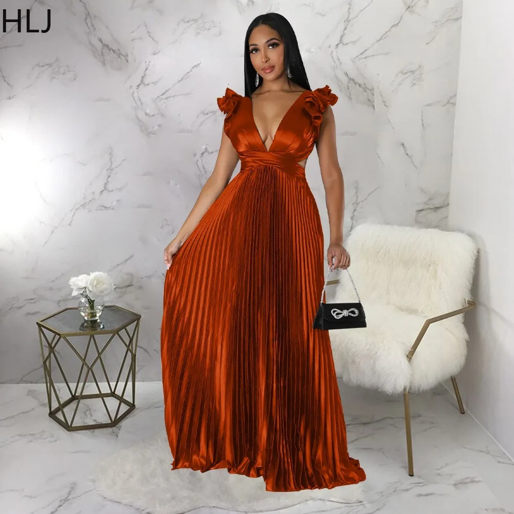 

HLJ Fashion Bandage Backless Party Club Floor Dress Sexy Women Deep V Sleeveless Pleated Dress Elegant Lady Solid Aline Vestidos