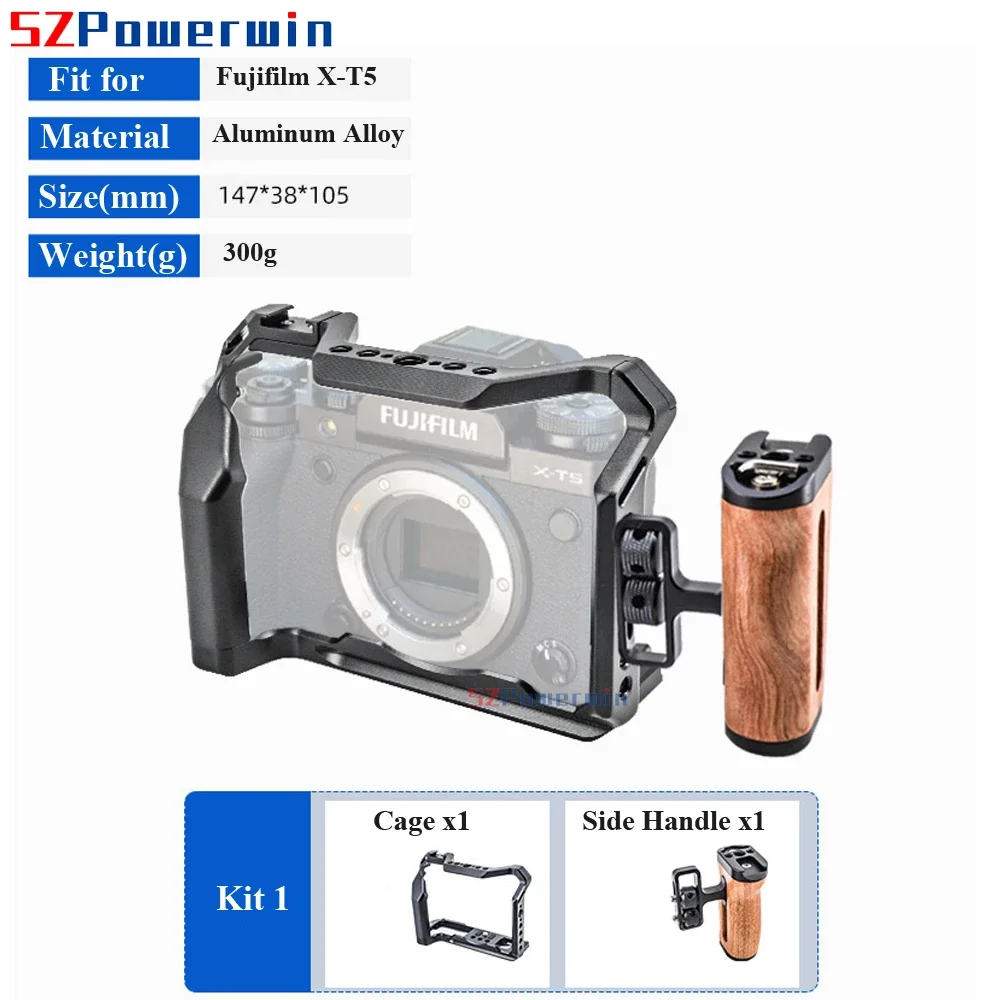 Powerwin For Fujifilm X-T5 Camera Cage Rig Kit with wooden Handle Multifunctional Arri Locating Screw Aluminum Alloy