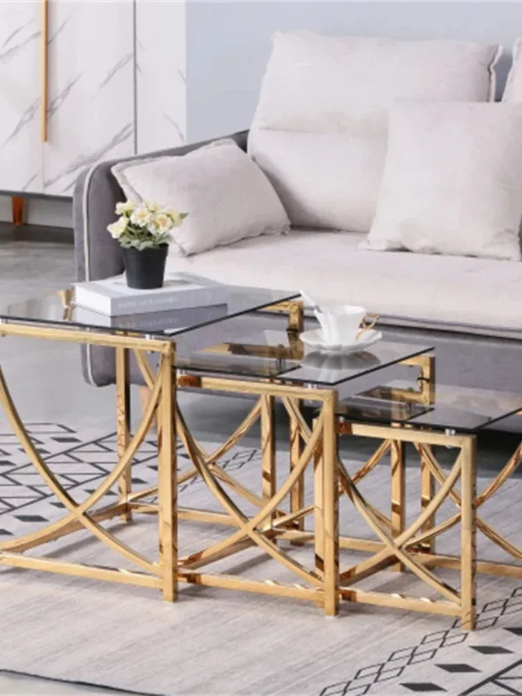 3 pcs Gold Square Nesting Glass End Tables- Small Coffee Table Set- Stainless Steel Small Coffee Tables With Grey Tempered Glass