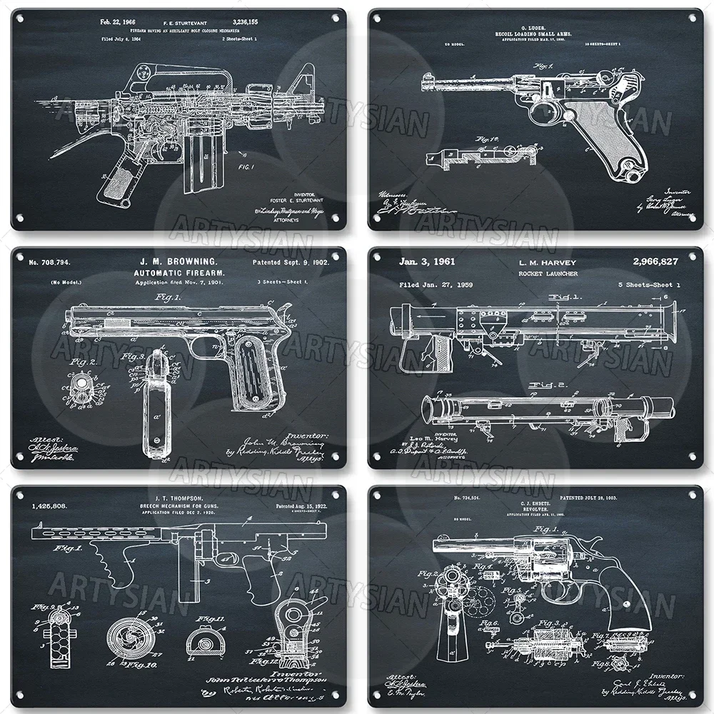 Gun Military Patent Metal Sign Hand Grenade B. T. Henry Rifle Walther Firearm Mason Revolver Uzi Gal Submachine Gun Thompson