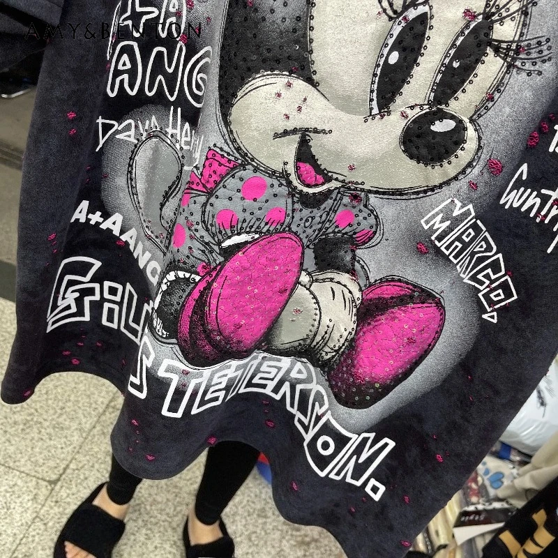 

Модные брендовые футболки для тяжелой промышленности, потертые цветные блоки, молодежная свободная футболка с короткими рукавами с героями мультфильмов, женские футболки Y2k