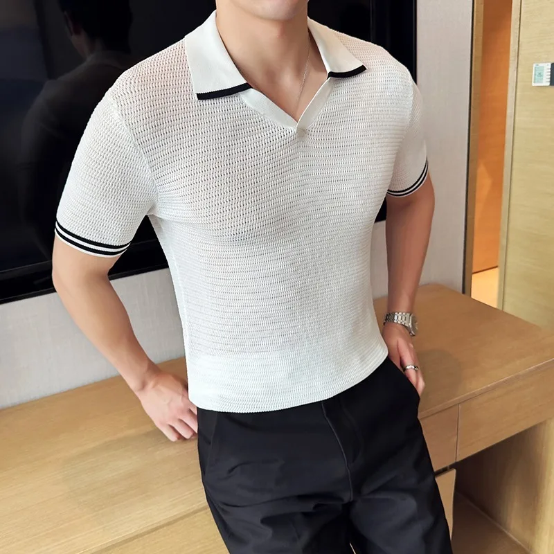 Summer Thin Ice Silk Polo Shirts Men Fashion V-neck Casual Knitted T-shirts Business Lapel Tee Social Office Streetwear Polo image 2