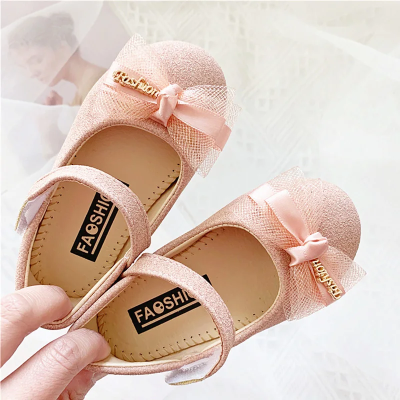 Spring Autumn Girls Shoes Baby Ballet Flats Shoes Lace Bow Glitter Bling Princess Soft Soled Shoes Children Wedding Dance Shoes