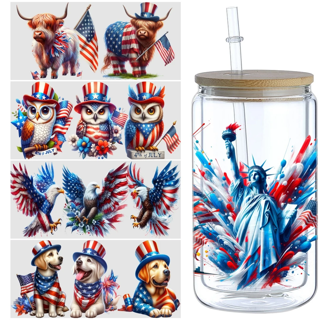 5 Sheets Independence Day UV DTF Cup Stickers,Glass Movement DTF Transfer Stickers, Waterproof Wipe-On Transfers for 16 oz Glass