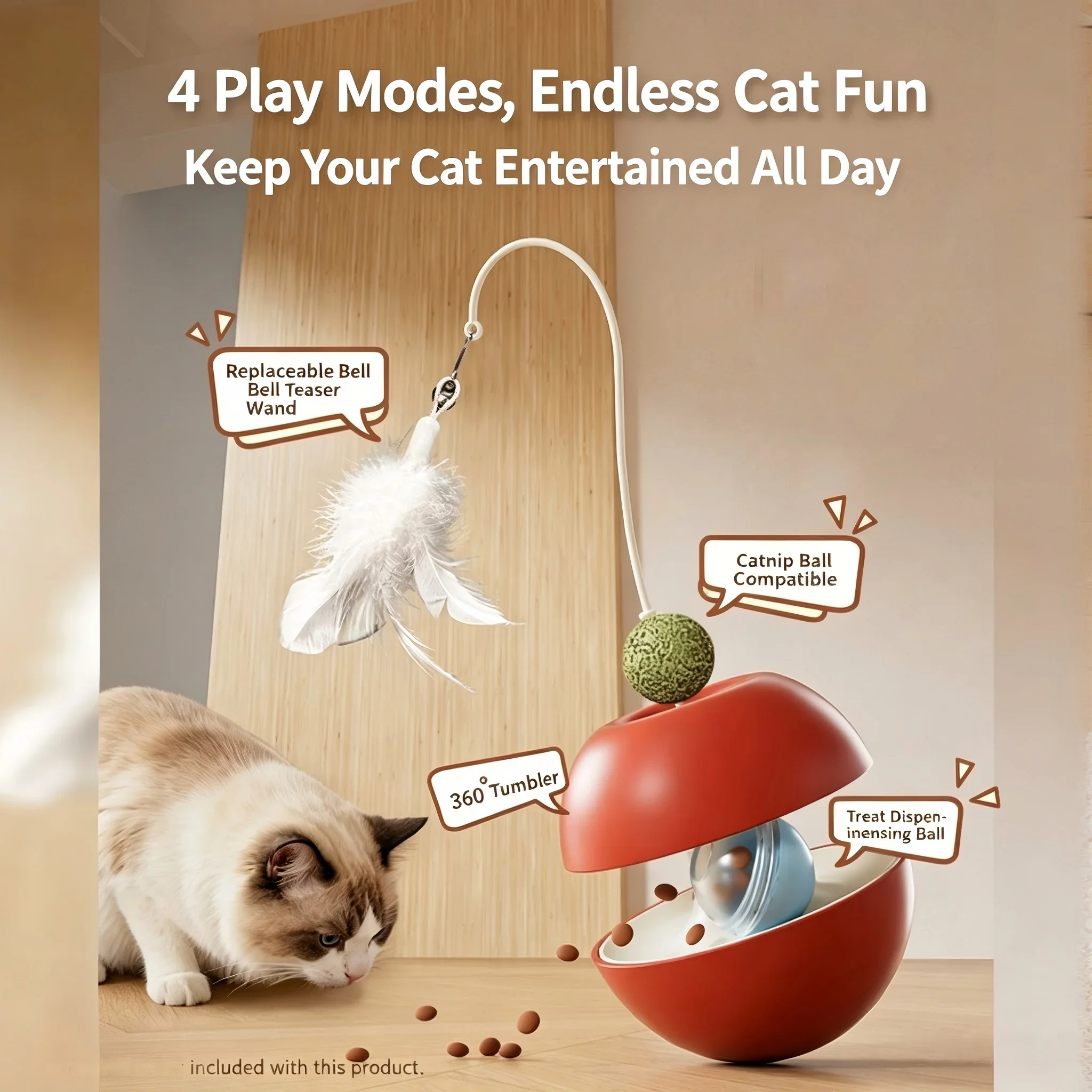 Cat's Funnel-style Food Toy 2-in-1 Feather Attraction Stick Food Dispenser Slow Feeding  Self-Entertaining Dumbbell Toy