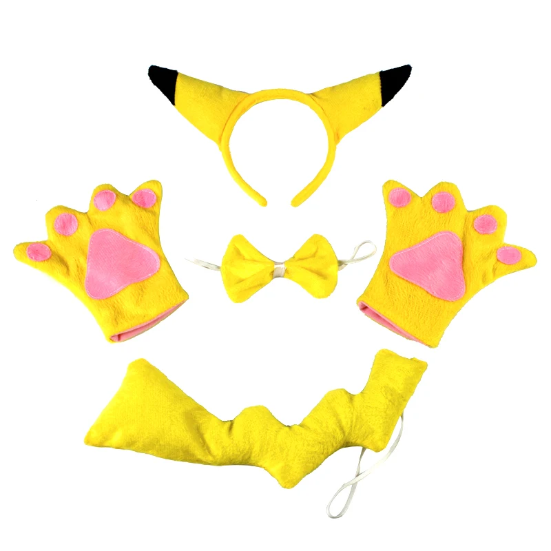 Halloween Party Kids Yellow Pokiimon Pikaqiu Cosplay Costumes with Headwear Gloves Dress Pants Tail Sets Dress Up for Girl Boy