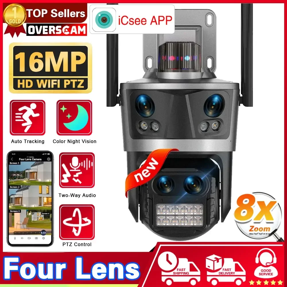 

Outdoor 4 Lens 4 Screen Linkage Wifi PTZ Camera 8X Hybrid Zoom Auto Tracking Security Cameras Humanoid Detect IP Cameras iCSee