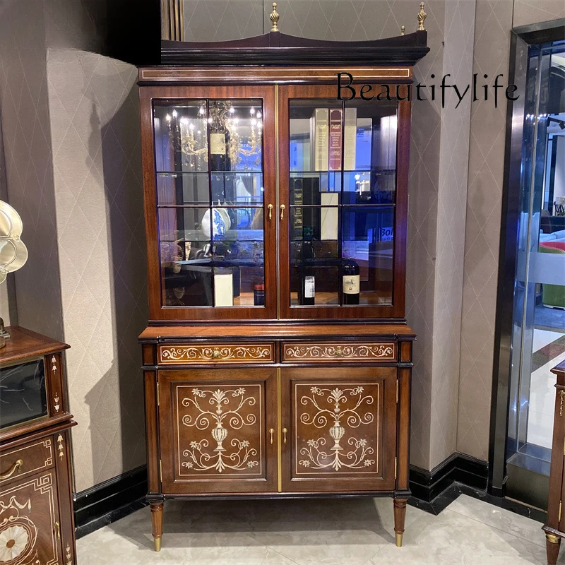 European solid wood wine cabinet villa classical decorative cabinet peach blossom core solid wood wine cabinet shell inlay