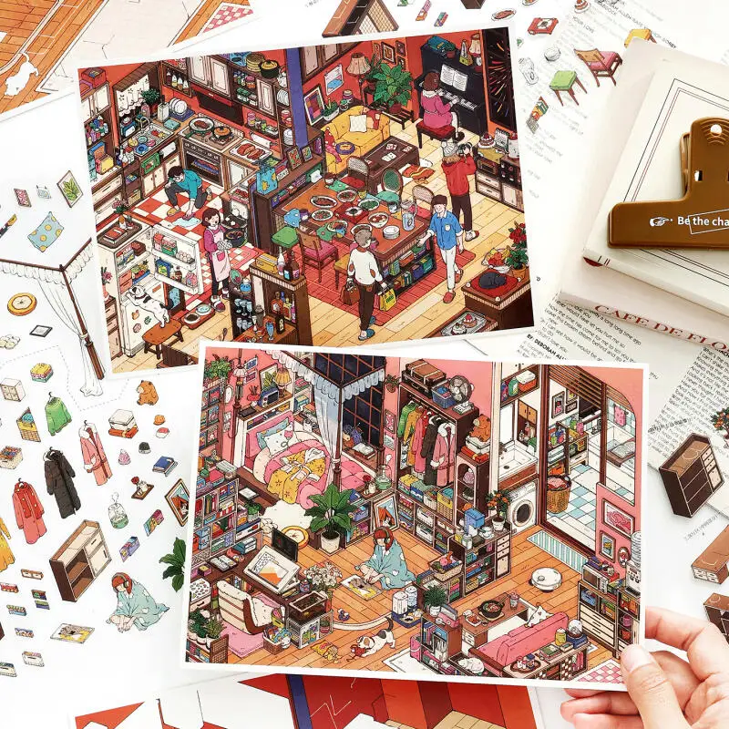 

Card Lover 4 Pcs [E People Dining Table Series] Waterproof 3D Oversized Landscape Stickers Cozy Bedroom Daily Life for Journal