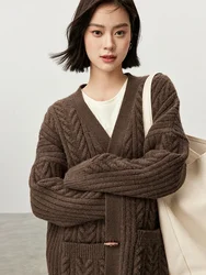 SENTUBILA Casual Knitted Loose Fit Cardigan for Women 2024 Autumn V Neck Long Sleeve Texture Coffee Women Sweater W43W56258