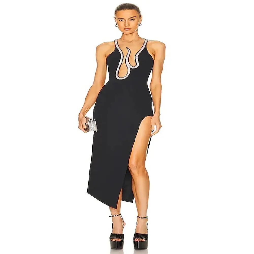 Women's Black O-Neck Pullover Dress Crystals Embellished Mesh Splicing Design Bodycon Bandage Long Celebrity Party Dress