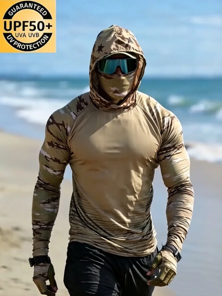 Ropa de Protección Solar con Estampado de Camuflaje Táctico para Hombre, Máscara Facial Completa con Orificio para el Pulgar, Protección UV para Playa y Exteriores, Manga Larga