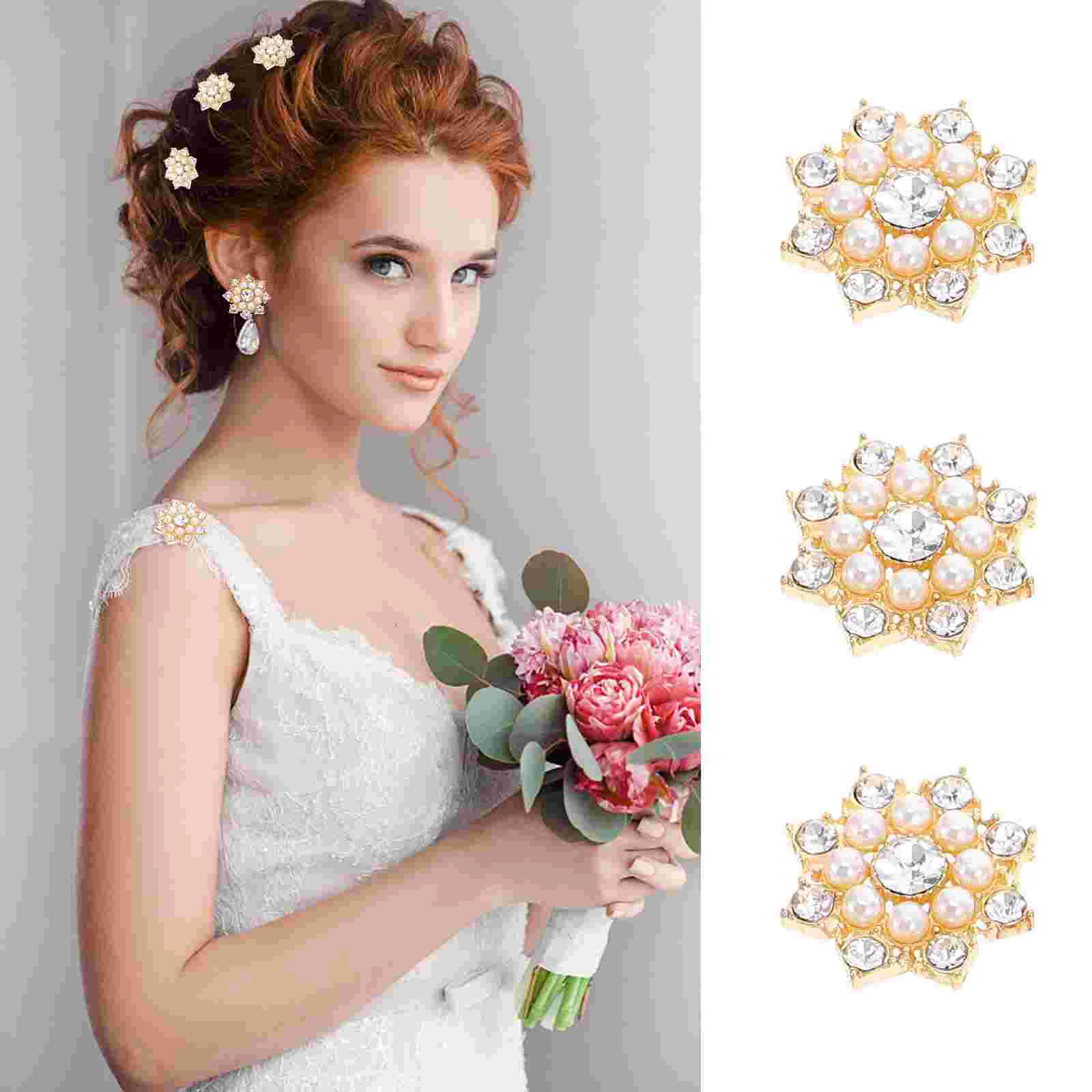 

50 Pcs Rhinestone Pearl Flower Buttons Clip Dozen Snowflake DIY Jewelry Props Crystal Decor Decorative Pendants Decorate