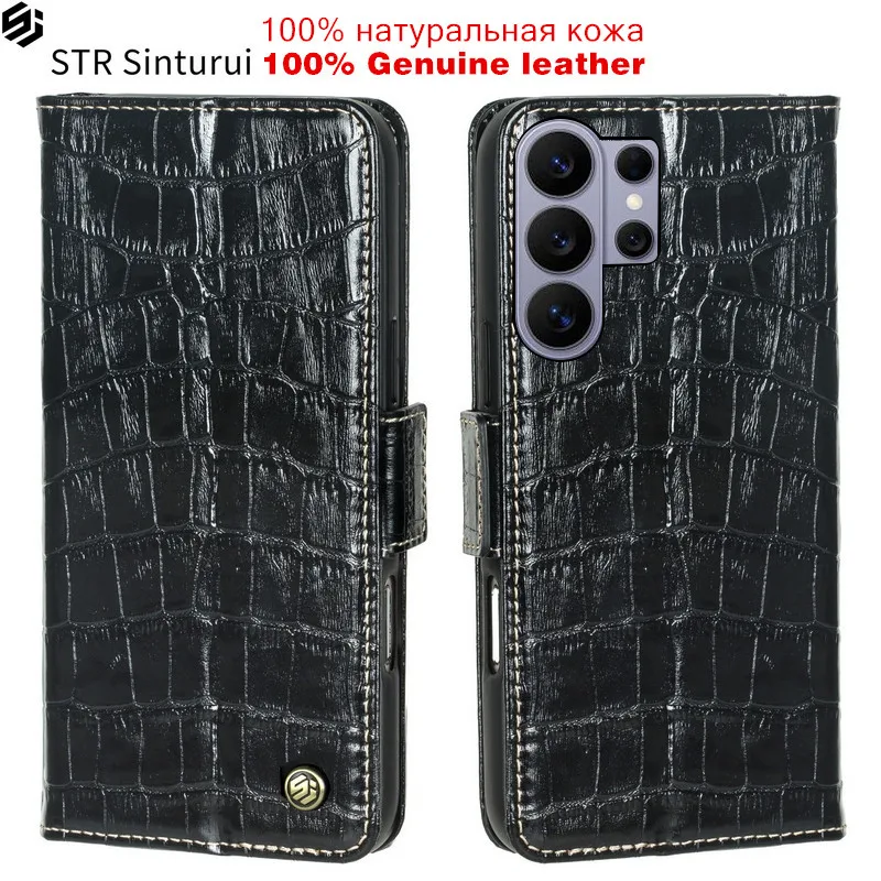 

STR Genuine leather crocodile grain card Slot Wallet Cover For Samsung Galaxy S26 S25 Edge Ultra PIus Flip shockproof phone Case