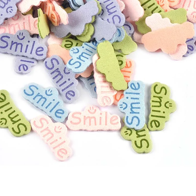 30pcs 14.5x29mm Smile Letter Embossed Leather Labels For Clothes Sewing Accessories DIY Bag Kid Garment Craft Handmade Tag C3707